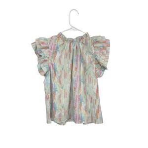Avara Pastel Watercolor Ruffle Sleeve Blouse Size Medium High Neck Keyhole Back